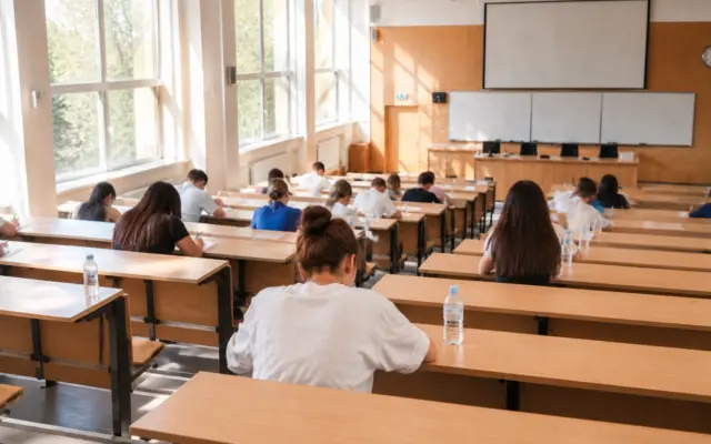 Students sitting at desks in a large lecture hall taking an exam with papers and water bottles