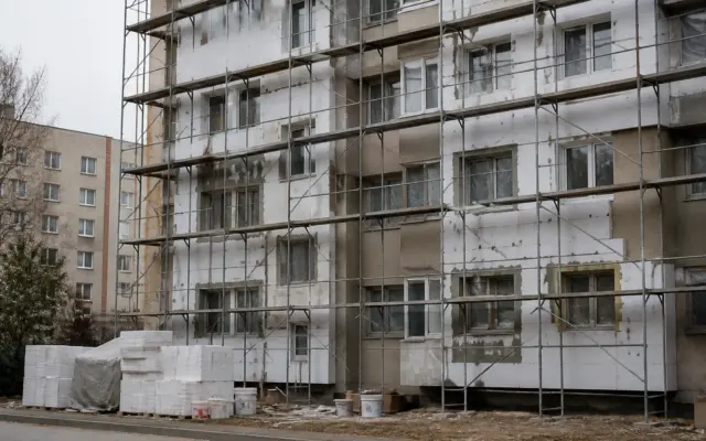 Un bloc de locuințe aflat în proces de reabilitare, cu schele metalice instalate pe întreaga fațadă