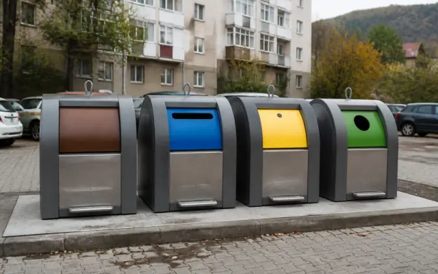 Patru containere moderne de colectare a deșeurilor, de tip insulă ecologică, așezate în linie pe o platformă betonată dintr-o parcare