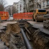 O imagine de șantier pe o stradă din oraș, lângă blocuri de locuințe