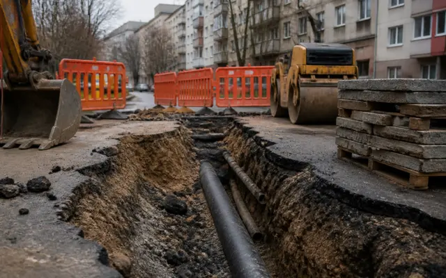 O imagine de șantier pe o stradă din oraș, lângă blocuri de locuințe