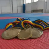 Mai multe medalii aurii și argintii fără inscripții sunt așezate pe o saltea de karate (tatami) în culorile roșu și albastru