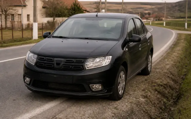 Un autoturism Dacia Logan de culoare neagră este oprit pe marginea unui drum asfaltat, la intrarea sau ieșirea dintr-o localitate rurală